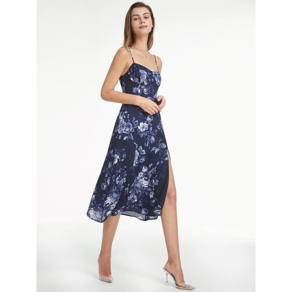 Commense Blue Floral Midi Slit Dress
